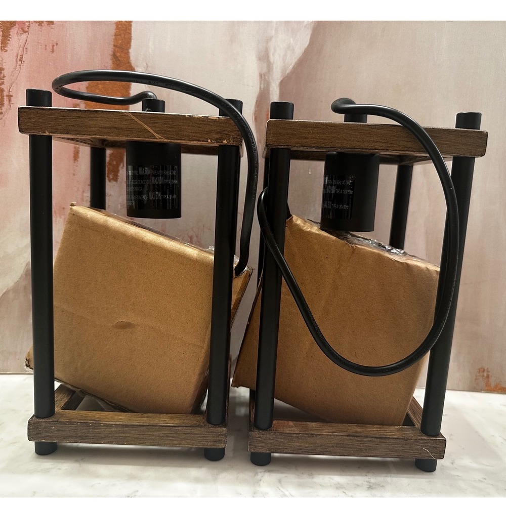 Set of 2 Brown Farmhouse Pendant Lights Wood Metal Cage Lantern Ceiling Fixtures